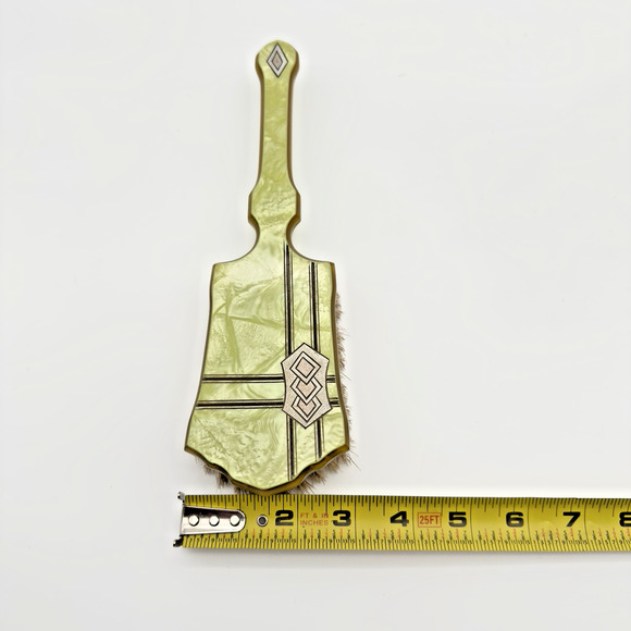 Vintage Art Deco Hand Mirror Brush Set Beveled Celluloid Green Pearlized Lucite - Picture 10 of 12